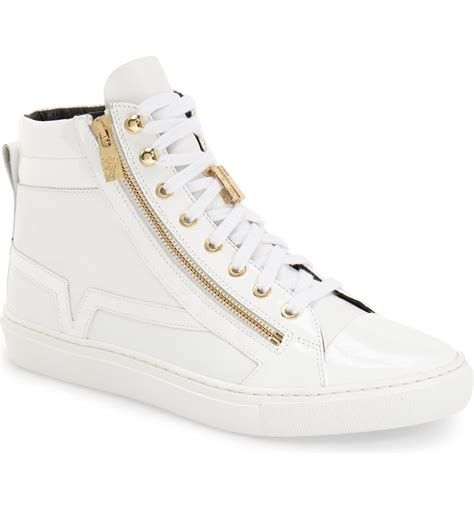 versace men embroidered leather sneakers|Versace zipped high top sneakers.